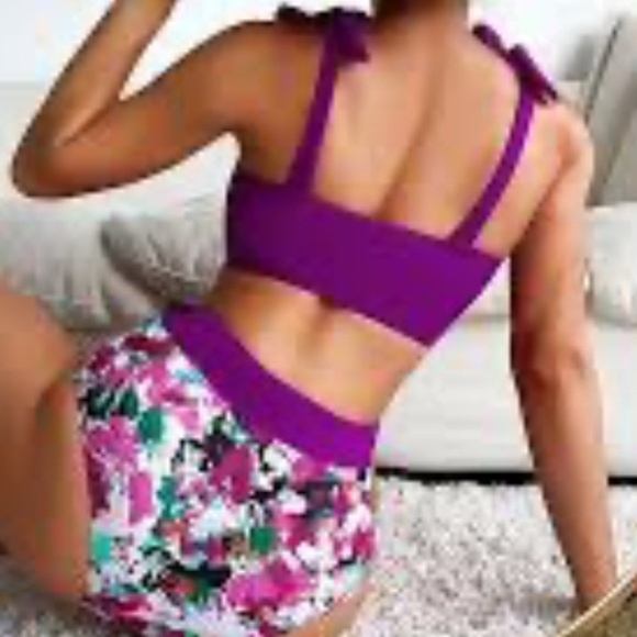 High Waist Bikini Set Swimwear Purple Floral PushUp Underwire Swimsuit Beach (L) - Picture 3 of 15